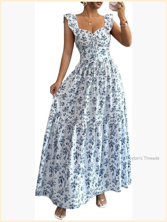 Dresses & Skirts - Polka Dot Ruffle Cap Sleeve Swing Maxi Dress Bow Back